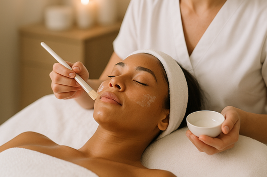 tan skinned woman receiving a professional facial by a female esthetician